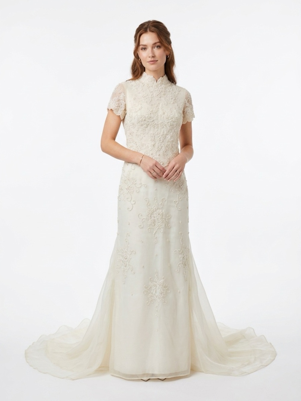 Priscilla of Boston Wedding Dress Watteau Train Pearl Lace Ivory XS